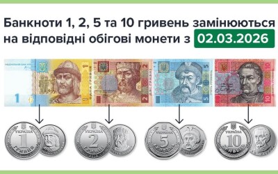 Нацбанк України: Банкноти номіналами 1, 2, 5 та 10 гривень замінюються на відповідні обігові монети