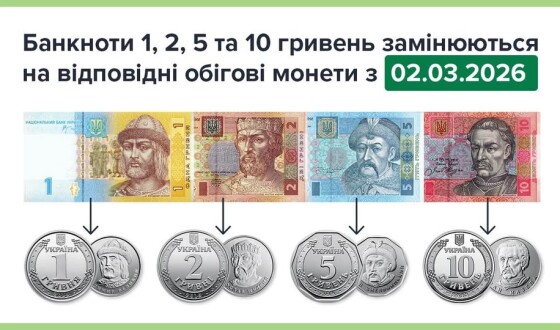 Нацбанк України: Банкноти номіналами 1, 2, 5 та 10 гривень замінюються на відповідні обігові монети