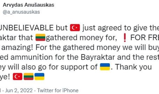 Турки дарують литовцям Байрактар для України. На зібрані гроші закуплять амуніцію