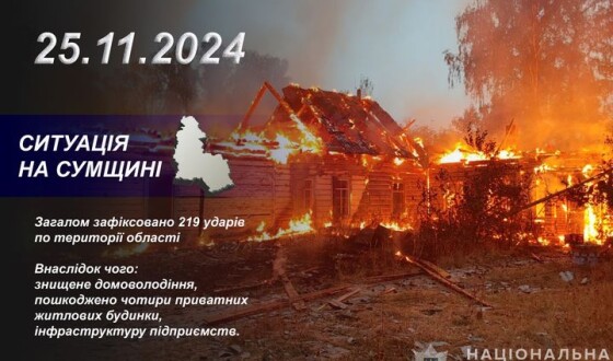 Поліція Сумщини: Упродовж доби по території Сумської області нараховано 219 ударів