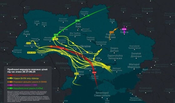 Маршрути нальотів російської повітряної атаки на Україну 27 червня