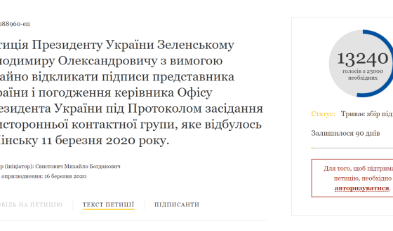 За дві доби петиція про скасування фактичного визнання ОРДЛО зібрала більше половини необхідних підписів