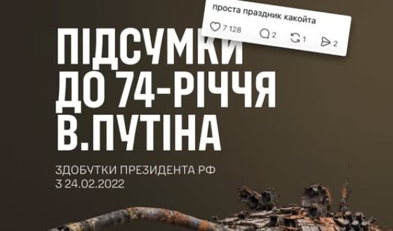 Генеральний штаб Збройних Сил України до 74-річчя в.путіна підбиває проміжні підсумки втрат російської армії