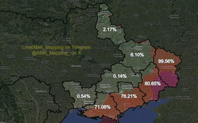 Частка території кожного регіону України, контрольована Росією, станом на 24 жовтня 2026 року