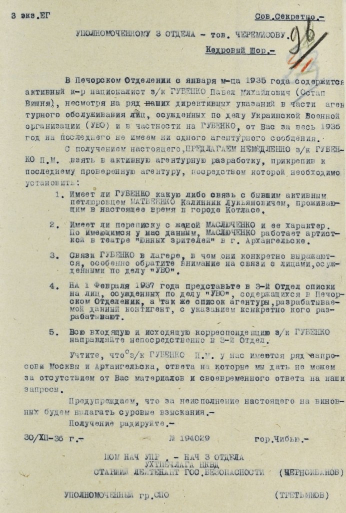 Лист НКВД з вимогою взяти Вишню у агентурну розробку