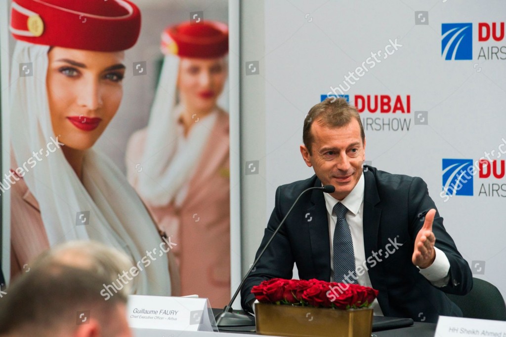 Mandatory Credit: Photo by Jon Gambrell/AP/Shutterstock (10478472h) Airbus CEO Guillaume Faury responds to a question during a news conference at the Dubai Airshow in Dubai, United Arab Emirates, . The Dubai-based airline Emirates announced Monday a new order for 20 additional wide-body Airbus A350-900 planes in a deal worth $6.4 billion. This brings the airline's total order for the aircraft to 50 Airbus A350s costing $16 billion at list price Emirates Airshow, Dubai, United Arab Emirates - 18 Nov 2019