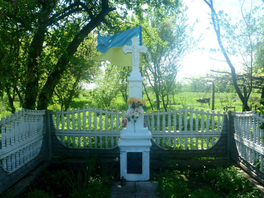 Пам'ятний хрест у селі Шутова неподалік місця загибелі Юрія Липи. Напис на підніжжі «Цей хрест — німий свідок катувань 19