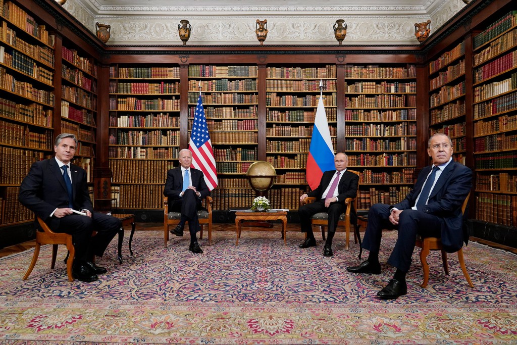 President Joe Biden and Secretary of State Antony Blinken, left, meets with Russian President Vladimir Putin and Foreign Minister Sergey Lavrov, at the 'Villa la Grange', Wednesday, June 16, 2021, in Geneva, Switzerland. (AP Photo/Patrick Semansky)